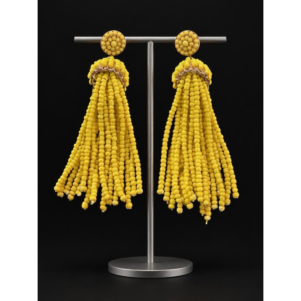Mustard Yellow Beaded Tassel Post STATEMENTS Earrings Boho Chic